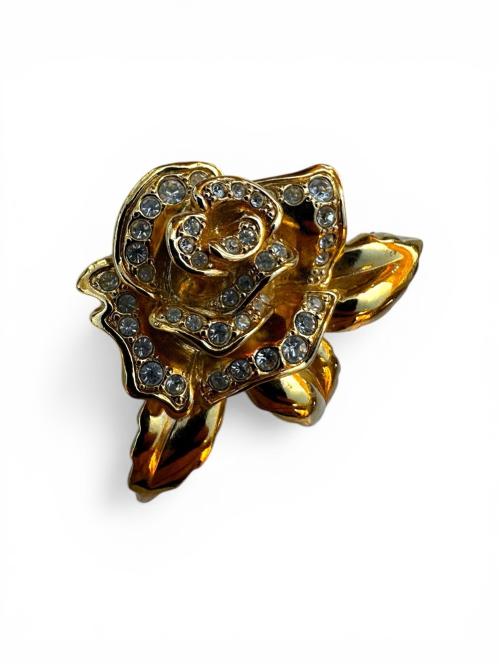 Vintage Avon Gold Tone Rhinestone Rose Brooch Floral Pin